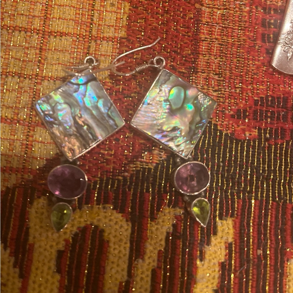 Vintage Sterling Abalone & Amethyst Earrings | Southwestern Boho Chic